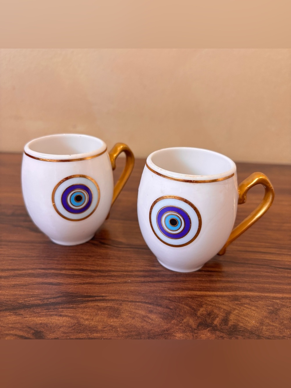 Set of 2 Evil Eye Espresso Cups White Gold Blue Demitasse Mugs